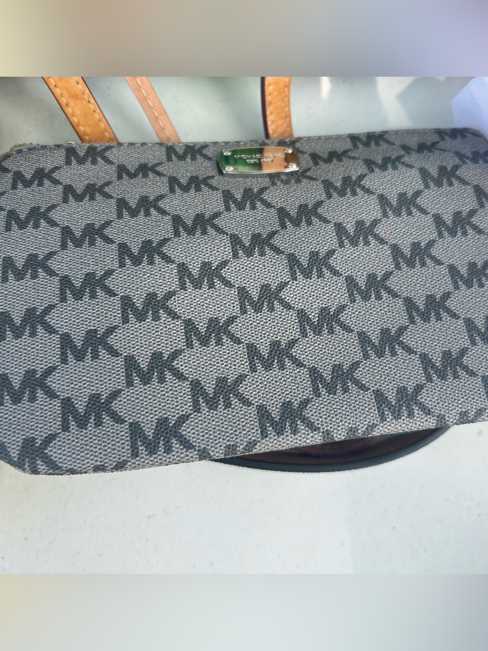 Michael Kors Gray MK Logo Tote with Tan Handles